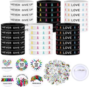 72 Pcs Cancer Awareness Accessories Include 36 All Cancer Ribbon Silicone Bracelet Wristband and 36 Button Badges Pins, Cancer Awareness Bracelets for Gift Hat Backpack Decoration