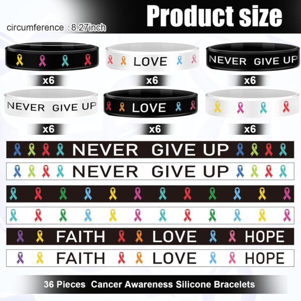 72 Pcs Cancer Awareness Accessories Include 36 All Cancer Ribbon Silicone Bracelet Wristband and 36 Button Badges Pins, Cancer Awareness Bracelets for Gift Hat Backpack Decoration - Image 2