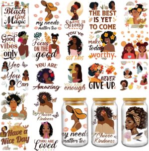 AFRITEE UV DTF Cup Wrap Stickers - 20 Sheets Black Girls UV DTF Cup Wraps for 16 oz Glass, Women Inspirational Aesthetic Uvdtf Transfer Stickers for Glass Cups Water Bottles Gifts for Black Women