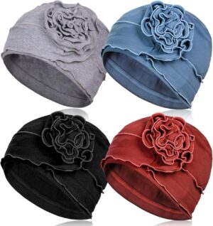 AIPESL 4 Pieces Cotton Chemo Turban Headwear, Soft Cancer Headwear Elastic Cancer Cap for Women with Hair Loss