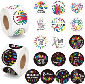BeYumi Cancer Awareness Roll Stickers - 1000Pcs in 2 Rolls, Waterproof Vinyl Colorful Ribbon Round Decals for Laptop, Bottle, Notebook, Luggage - Gift for Oncology Nurse, Women Decor