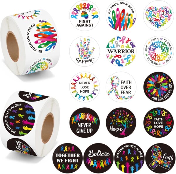 BeYumi Cancer Awareness Roll Stickers - 1000Pcs in 2 Rolls, Waterproof Vinyl Colorful Ribbon Round Decals for Laptop, Bottle, Notebook, Luggage - Gift for Oncology Nurse, Women Decor