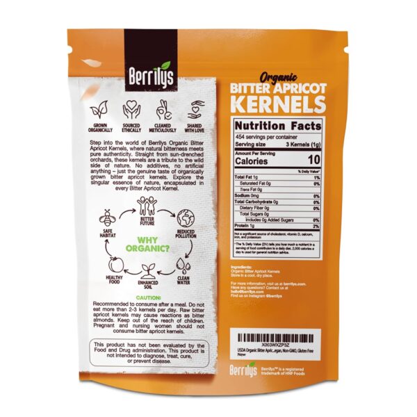 Berrilys Organic Bitter Apricot Kernels - USDA Certified Organic Bitter Apricot Seeds - Natural & Non-GMO, Premium Quality Kernals, No Sulfur or Additives - 16 oz - Image 2