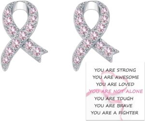 Breast Cancer Awareness Earrings 925 Sterling Silver Pink Ribbon Stud Bracelet Necklace Jewelry Survivor Gifts for Women