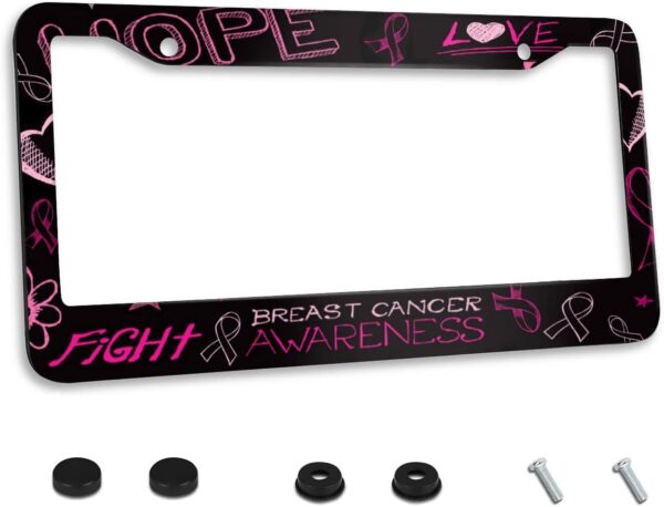 Breast Cancer Awareness License Plate Frame Hope Fight Stainless Steel Car Accessories Personalized License Plate Fits Standard U.S. Vehicles Size: 12.2 x 6 Inches for Men Women