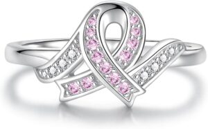 Breast Cancer Awareness Ring Pink Ribbon 925 Sterling Silver Jewelry Cancer Survivor Gifts for Women