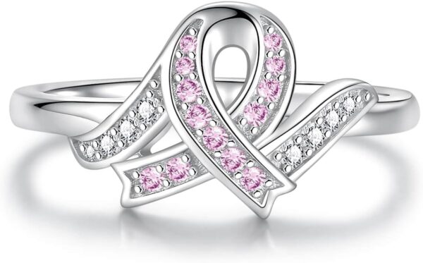 Breast Cancer Awareness Ring Pink Ribbon 925 Sterling Silver Jewelry Cancer Survivor Gifts for Women
