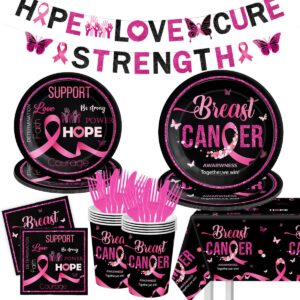 Breast Cancer Awareness Tableware-142Pcs Pink Ribbon Plates and Napkins Kit Hope Love Cure Party Decorations Black Pink Disposable Tableware for Women Charity Activities