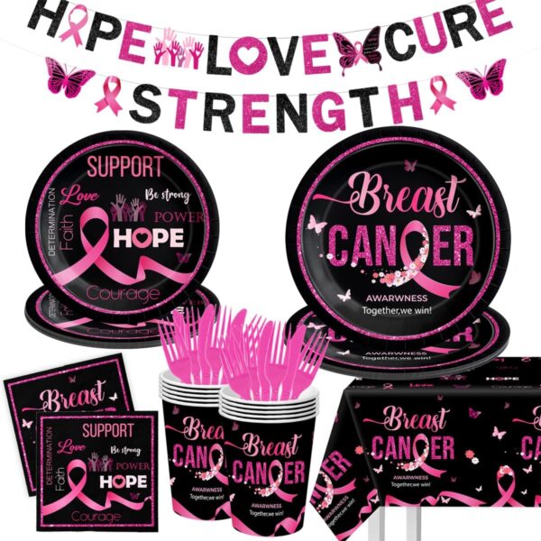 Breast Cancer Awareness Tableware-142Pcs Pink Ribbon Plates and Napkins Kit Hope Love Cure Party Decorations Black Pink Disposable Tableware for Women Charity Activities