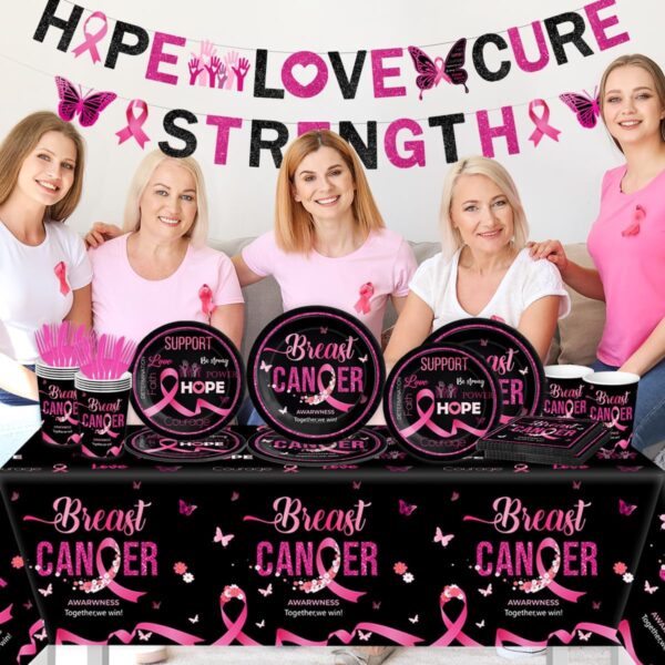 Breast Cancer Awareness Tableware-142Pcs Pink Ribbon Plates and Napkins Kit Hope Love Cure Party Decorations Black Pink Disposable Tableware for Women Charity Activities - Image 2