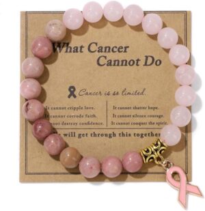Breast Cancer Bracelets Natural Stone What Cancer Cannot Do Inspirational Bracelet for Women Pink Ribbon Cancer Awareness Handmade Beaded Encouragement Gift With Message Card