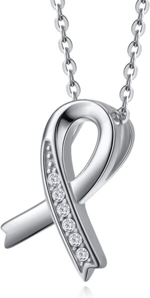 Breast Cancer Gifts Sterling Silver Necklace Breast Cancer Awareness Necklace for Women Rose Gold Ribbon Necklace for Women
