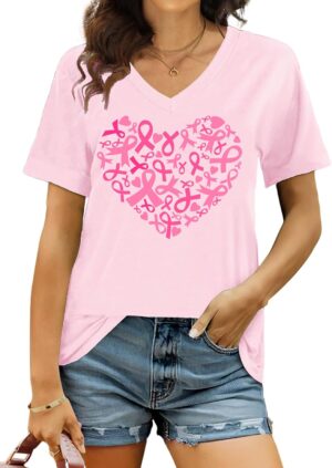 Breast Cancer Shirt Women Pink Ribbon Shirts Breast Cancer Awareness Tee Cancer Survivor V Neck Tshirts