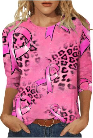 Breast Cancer Shirts for Women Breast Cancer Awareness Shirt Pink Ribbon Tee Tops Fall 3/4 Sleeve Round Neck Blouse