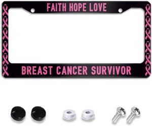 Breast Cancer Survivor Faith Hope Love Awareness License Plate Frame Holder Cover Car Accessories, Pink Ribbon Aluminum Car Tag Frame with 2 Holes Screws Auto Car Decoration Accessory Women 12x6''
