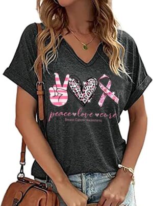 Breast Cancer T Shirt Women Pink Ribbon Shirts Funny Letter Print Cancer Fighter Tees Short Sleeve V-Neck Tops
