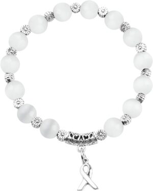 CENWA Lung Cancer Awareness Ribbon White Beads Bracelet Lung Cancer Awareness Gift For Her