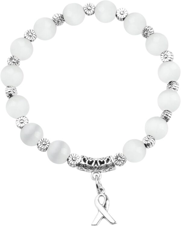 CENWA Lung Cancer Awareness Ribbon White Beads Bracelet Lung Cancer Awareness Gift For Her