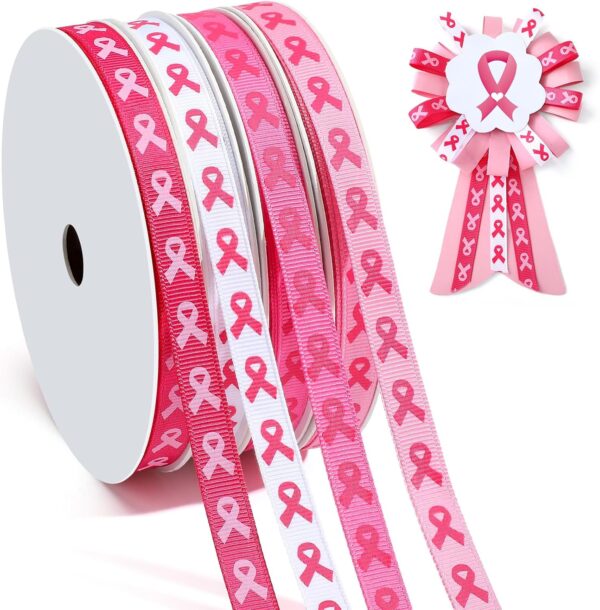 Crowye 100 Yards 4 Rolls Breast Cancer Awareness Ribbon 3/8 Inches Per Roll Grosgrain Pink Ribbon Printed Crafts Party Wreath Decorations Gift Wrapping Sewing