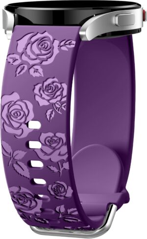 DaQin Glossy Floral Engraved Bands Compatible with Galaxy Watch 7 6 5 4 40mm 44mm/5 Pro/6 Classic 47mm/ Watch 4 Classic/Active 2, 20mm Soft Cute Silicone Sport Strap for Samsung Watch Bands Women Men