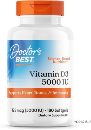 Doctor's Best Vitamin D3 5000IU, Non-GMO, Gluten & Soy Free, Regulates Immune Function, Supports Healthy Bones, White, No Flavour, 180 Count