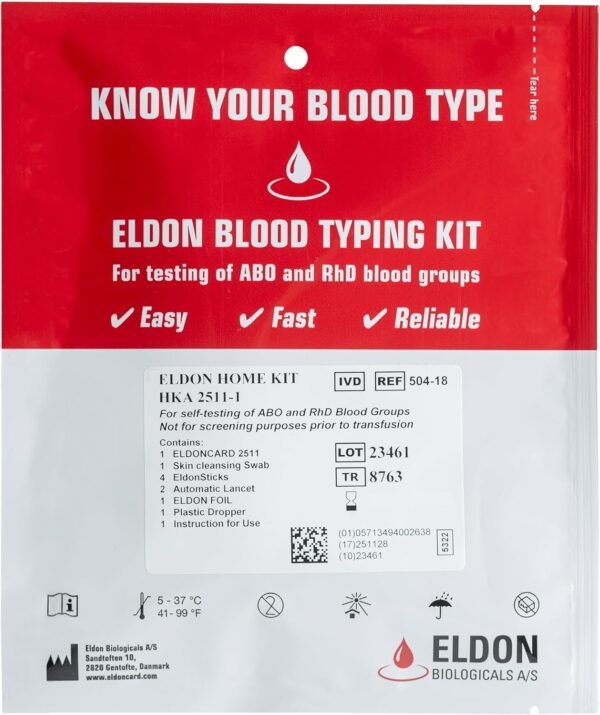 Eldoncard INC Blood Type Test (Complete KIT) - Find Out if You are A, B, O, AB & RH- Results in Minutes - Air Sealed Envelope, Safety Lancet, Micropipette, Cleansing Swab - 1 Pack