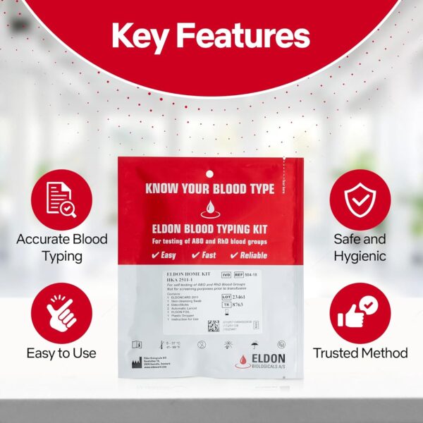 Eldoncard INC Blood Type Test (Complete KIT) - Find Out if You are A, B, O, AB & RH- Results in Minutes - Air Sealed Envelope, Safety Lancet, Micropipette, Cleansing Swab - 1 Pack - Image 2