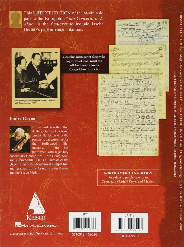 Erich Korngold: Violin Concerto in D Major, Op. 35 - Critical Edition - fingerings and bowings by Jascha Heifetz, edited by Endre Granat - Image 2