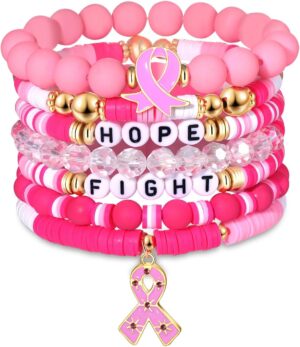FAERLIIRY Pink Ribbon Bracelets Breast Cancer Survivor Gifts for Woman Glitter Beaded Bracelet HOPE FIGHT Pink Bracelets Breast Cancer Survivor Support Jewelry Gifts
