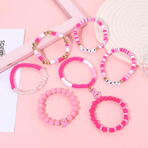 FAERLIIRY Pink Ribbon Bracelets Breast Cancer Survivor Gifts for Woman Glitter Beaded Bracelet HOPE FIGHT Pink Bracelets Breast Cancer Survivor Support Jewelry Gifts - Image 2