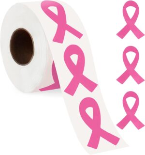 FEBSNOW Pink Ribbon Stickers, 600Pcs Breast Cancer Awareness Ribbon Stickers Self Adhesive Pink Ribbon Awareness Decal Sticker Envelope Sealer for Women Kid Girls Mom Office School Event Support Gifts