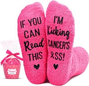 HAPPYPOP Fuzzy Cancer Awareness Socks - Inspirational Gifts For Women Breast Cancer Gifts