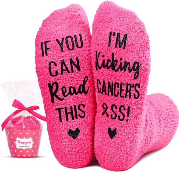 HAPPYPOP Fuzzy Cancer Awareness Socks - Inspirational Gifts For Women Breast Cancer Gifts