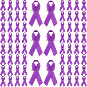Halatool 100 PCS Purple Awareness Satin Ribbon Safty Pins Reusable Domestic Violence Overdose Pancreatic Cancer Alzheimer’s Awareness Lapel Pins for Society Events Funeral Memorial