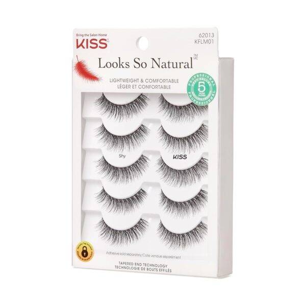KISS Looks So Natural False Eyelashes Multipack, Lightweight & Comfortable, Tapered End Technology, Reusable, Cruelty-Free, Contact Lens Friendly, Style 'Shy', 5 Pairs Fake Eyelashes - Image 2