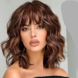 Lativ Brown Highlight Wigs for Women Short Wavy Curly Bob Wig with Bangs Shoulder Length 14 Inches Synthetic Hair for Daily Party Use