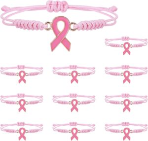 MOSOTECH 10 Pcs Breast Cancer Awareness Bracelets with Independent Small Package of Each Pack, Adjustable Cord Ribbon Braided Bracelets for Cancer Fighter, Inspirational Breast Gifts for Women