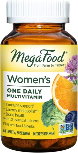 MegaFood Womens Multivitamin One Daily - Multivitamin for Women - Vitamin C, Vitamin D, Iron & B Vitamins - Bone, Energy Metabolism & Immune Support - Vegetarian, GlutenFree - 60 Tablets, 60 Servings
