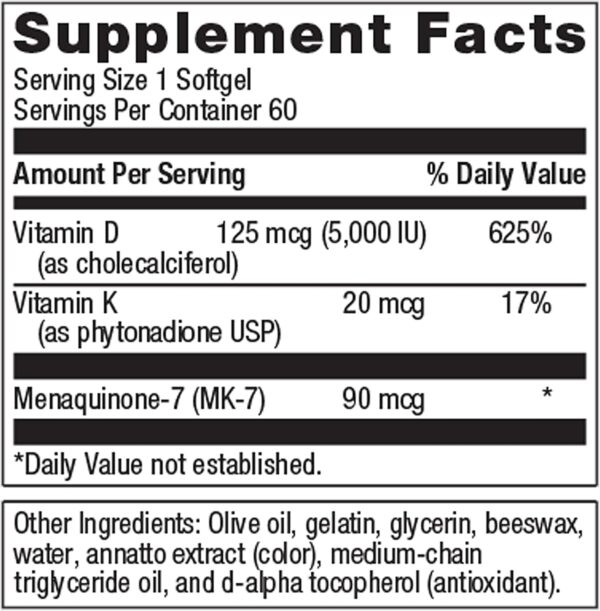 Metagenics Vitamin D3 + K - for Immune Support, Bone Health & Heart Health* - Vitamin D with MK-7 (Vitamin K2) - Non-GMO - Gluten-Free - 60 Softgels - 5,000 IU - Image 2