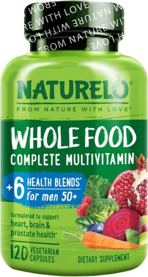NATURELO Whole Food Multivitamin for Men 50+ - with Vitamins, Minerals, Organic Herbal Extracts - Vegan Vegetarian - for Energy, Brain, Heart and Eye Health - 120 Capsules