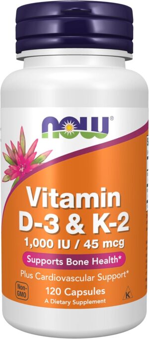 NOW Supplements, Vitamin D-3 & K-2, 1,000 IU/45 mcg,Plus Cardiovascular Support*, Supports Bone Health*, 120 veg Capsules