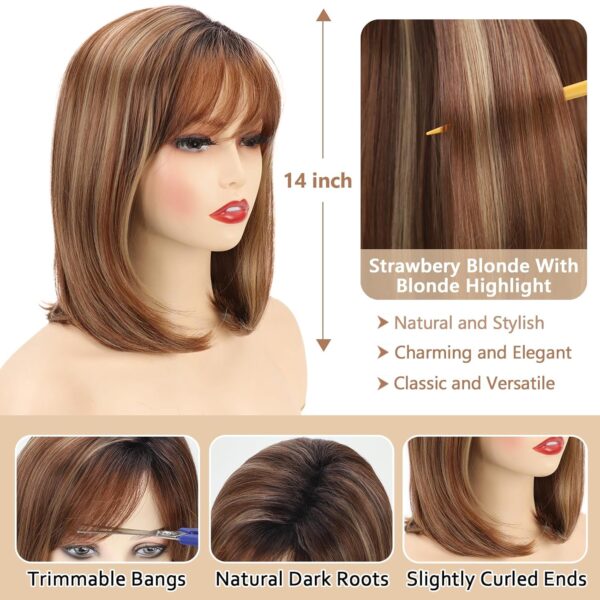 Ombre Strawberry Blonde with Blonde Highlights Short Bob Wig with Bangs for White Women Shoulder Length Layered Straight Bob Synthetic Wigs with Dark Roots Natural Looking Daily Party Wig(14 Inch) - Image 2