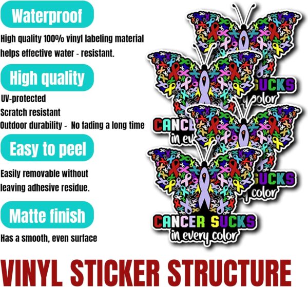 Pack 4PCS Cancer Sucks in Every Color Stickers Cancers Ribbons Waterproof Vinyl Decals Decor Laptop Water Bottle Phone Skateboard Bumper Car Bike Gifts Christmas Men Women - Image 2