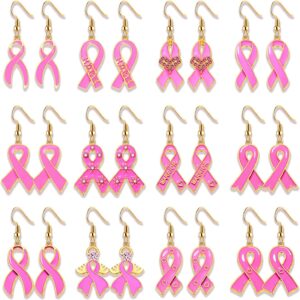 Pink Ribbon Breast Cancer Awareness Earrings - 9/12 Pairs Drop Dangle Enamel Pink Ribbon Breast Cancer Jewelry Accessories Survivor Gifts