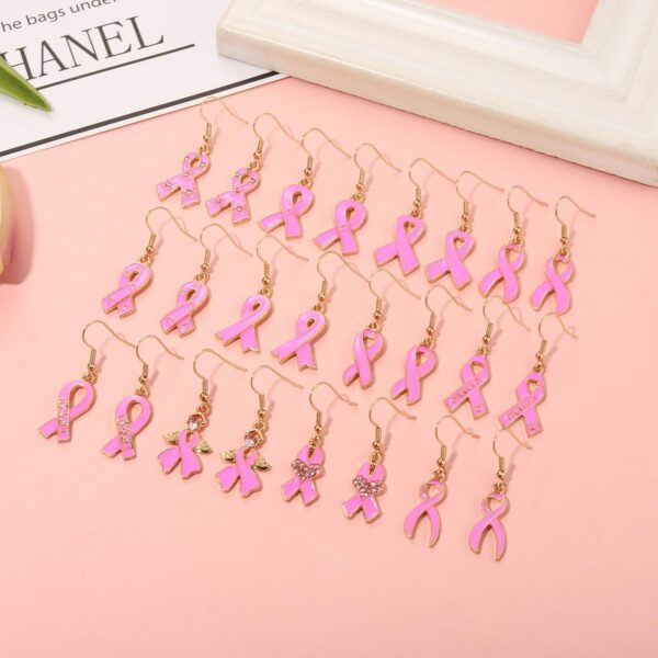 Pink Ribbon Breast Cancer Awareness Earrings - 9/12 Pairs Drop Dangle Enamel Pink Ribbon Breast Cancer Jewelry Accessories Survivor Gifts - Image 2