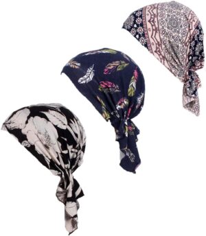 Pre Tied Chemo Head Scarf 3 Packed Beanie Skull Cover Cap for Women (Set6-Long Style)