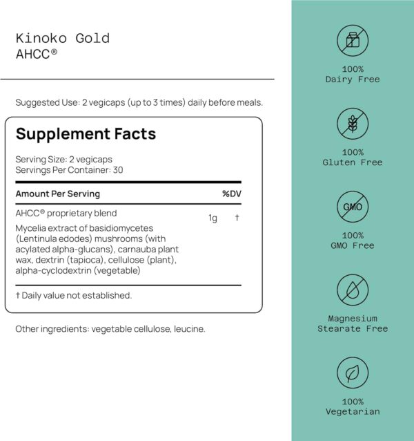 Premium Kinoko Gold AHCC Supplement–500mg of AHCC per Capsule–Supports Immune Health, Liver Function, Maintains Natural Killer Cell Activity & Enhances Cytokine Production–60 Veggie Capsules - Image 2