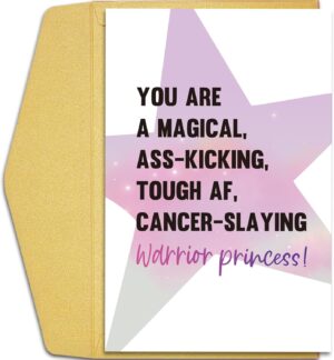Qiliji Funny Cancer Card for Her - Encouragement & Get Well Soon Card for Women, Slaying Warrior Princess Cancer Gift
