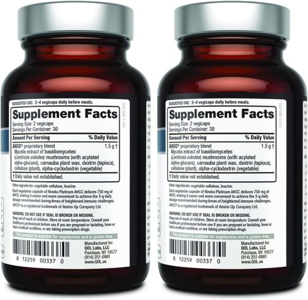 Quality of Life 2 Pack AHCC Kinoko Platinum 750 mg– Premium Immune Support Supplement 60 Count Bottles - Image 2
