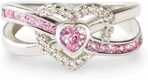 S925 Raise Awareness of Breast Cancer Pink Heart Diamond Ring, Sterling Silver Breast Cancer Awareness Accessories for Woman Awareness Pink Ribbon Ring Breast Cancer Survivor Jewelry